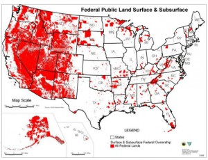 Map detailing the location of public lands (marked in red). | Image courtesy of Arewenotastate.com