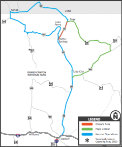 U.S. Route 89 is closed between the junction with Route 89A and the state ROute 98 junction in Page, Ariz.  Route 89A, U.S. 160 and state Route 98 are open for alternative travel routes.