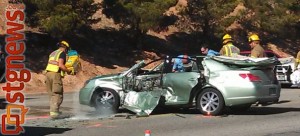 A woman was taken to the hospital after being cut out of her car on Red Cliffs Drive by emergency responders, St. George, Utah, March 11, 2013 | Photo by Mori Kessler, St. George News