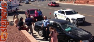 A triple-vehicle accident on Red Hills Parkway impacted traffic and sent one person the hospital, St. George, Utah, March 6, 2013 | Photo by Shane Brinkerhoff, St. George News