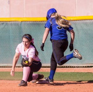 McKenzee Langston gloves the ball to record the last out Tuesday a end a perfect region season for the Lady Warriors, Dixie at Snow Canyon, St. George, Utah, April 30, 2013 | Photo by Chris Caldwell, St. George News