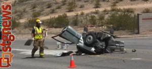 Semi-trailer-automobile accident at 3424 River Road, St. George, Utah, April 25, 2013 | Photo by Mori Kessler, St. George News