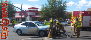 Aftermath of accident in the intersection of River Road and 100 South, St. George, Utah, April 7, 2013 | Photo by Shane Brinkerhoff, St. George News