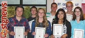 St. George Exchange Club April 2013 Students of the Month and President-Elect; Back row (L-R) Brian Brantz Warren, Cameron Hughes, Adam Esplin and Brett Labrum; Front row (L-R) Tanner Gilman, Abby Woods, Dorah James and Kathryn Olmstead, St. George, Utah, May 9, 2013 | Photo courtesy of Brian Tenney