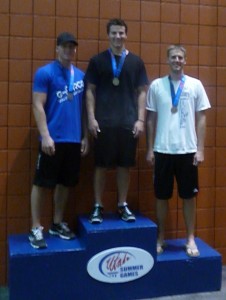 Men's racquetball open division winners (gold medalist Peter Wrigley in the center, second-place winner Devin Stout, left and third place take the podium at the Utah Summer Games Saturday in Cedar City, Jun. 15, 2013. | Photo by Dallas Griffin, for the St. George News