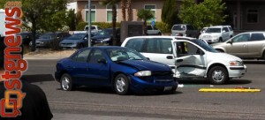 A three-vehicle accident sent two people the hospital and left another with a citation for distracted driving. St. George, Utah, June 3, 2013 | Photo by Mori Kessler, St. George News