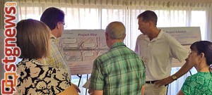 Lee Cabell with Horrocks Engineers explaining the Diverging Diamond Interchange (DDI) to Jeff and Catherine Volp from St. George, Utah.