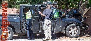 Pickup crosses opposing lanes and crashes into tree on Dixie Drive, St. George, Utah, June 25, 2013 | Photo by Chris Caldwell, St. George News