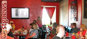 Linda Stay speaks as attendees await a screening of "Time Dances On," Benja's Thai Garden, St. George, Utah, June 27, 2013 | Photo courtesy of DOCUTAH