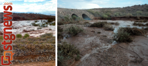 L-R: wash flash flooding at 6:30 p.m. and subsiding at 7:30 p.m. Arizona Strip, July 12, 2013 | Left photo by Jae Sun, right photo by Joyce Kuzmanic, St. George News 