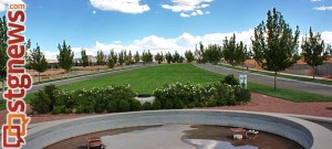 A nearly-empty fountain greets prospective home buyers in Elim Valley’s tree-lined streets, Hurricane, Utah, July 29, 2013 | Photo by Reuben Wadsworth, St. George News