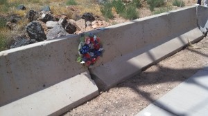 A wreath laid at the site of the March 4 crash that claimed the life of David Henson, St. George, Utah, July 25, 2013 | Photo by Mori Kessler, St. George News