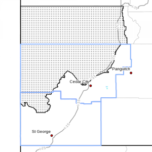 Dots denote affected area in Washington County and Iron County, at radar time 3:30 a.m., Aug. 2, 2013 | Image courtesy of the National Weather Service