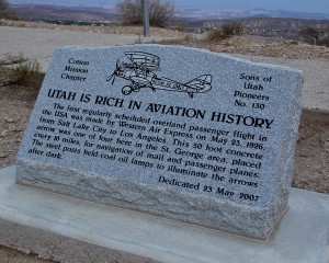 Memorial marker placed by the Sons of Utah Pioneers at beacon arrow on the Bloomington bluff in St. George. Arrows were constructed between 1926-1928 to facilitate aviation navigation from Salt Lake City to Los Angeles. St. George, Utah, Sept. 3, 2013 | Photo by John Teas, St. George News