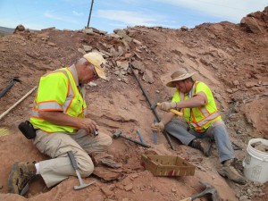 Nearly all of the excavation at the SPP plant locality was done using hand tools over several weeks. Fred Overkamp on left; Andrew Milner on right, St. George, Utah, spring 2013 | Photo by Linda Hoernke, courtesy of Andrew Milner, St. George News