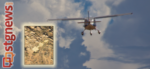 Aerial view of beacon arrow at Shinob Kibe. Plane flown by Pilot Russ Roberts. Beacon arrows were constructed between 1926-1928 to facilitate aviation navigation from Salt Lake City to Los Angeles. Washington County, Utah, Sept. 3, 2013 | Photo by John Teas, St. George News