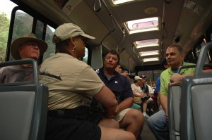 Center to R: Brad Kremer, Dick Kohler. DOCUTAH Filmmakers take a bus ride out to Zion National Park, Springdale, Utah, Sept. 6, 2013 | Photo by Dallas Hyland, St. George News