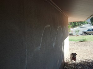 Vandals sprayed an unknown chemical across the stucco walls of the residential recovery center in Bloomington. Oct. 18, 2013 | Photo by Joyce Kuzmanic, St. George News