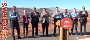 St. George city officials hold a press conference in front of the Dixie Rock on Red Hills Parkway to unveil a campaign to educate people on the dangers of distracted driving. November 26, 2013 | Photo by Michael Flynn, St. George News