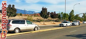 Minivan comes to rest after flying off freeway on Red Cliffs Drive, St. George, Utah, Nov. 7, 2013 | Photo by Drew Allred, St. George News