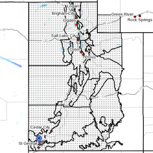 Dots denote areas affected by weather advisory at 7:45 a.m. Utah, Nov. 14, 2013 | Image courtesy of National Weather Service