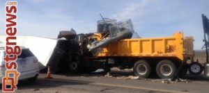 Collision between a semitrailer and a dumptruck around 12:35 p.m., 1 mile south of Virgin River Gorge, Arizona Strip, Ariz., Dec. 17, 2013 | Photo courtesy of Arizona Highway Patrol, St. George News