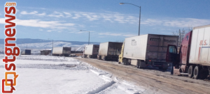 Interstate closure forced semi trucks to line up off the Southern Parkway exit, Washington County, Utah, Dec. 8, 2013 | Photo by Scott Heinecke, St. George News