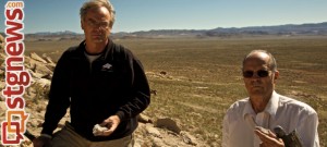 BYU Professor Eric Christiansen (left) and professor emeritus Myron Best explore the discovery site near Wah Wah Springs, Millard County, Utah, Dec. 9, 2013 | Photo courtesy of BYU News