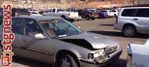 Damaged Honda resulting from rear-end accident on River Road, St. George, UT, Dec. 17, 2013 | Photo by Scott Heinecke, St. George News