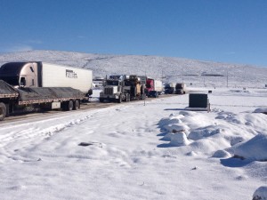 Interstate closure forced semi trucks to line up off the Southern Parkway exit, Washington County, Utah, Dec. 8, 2013 | Photo by Scott Heinecke, St. George News