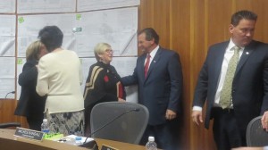 Bette Arial (left-center) being welcomed to the St. George City Council by Councilman Gil Almquist (center-right), St. George, Utah, Jan. 23, 2014 | Photo by Mori Kessler, St. George News