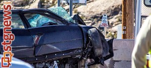 One vehicle accident crashing into the bridge at  5000 West and State Street, Hurricane, Utah, Jan. 28, 2014 | Photo by Jeremy Crawford, St. George News