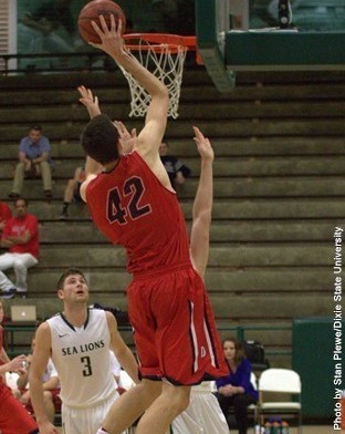 Zach Robbins scores, Dixie State at Point Loma Nazarene, San Diego, Calif.,  Jan. 25, 2014 | Photo courtesy DSU Athletics