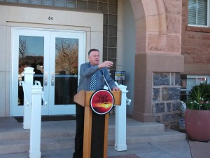 St. George Mayor Daniel McArthur addresses the crowd gathered in front of the Community Arts Center, St. George, Utah, Feb. 28, 2013 | Photo by Mori Kessler, St. George News 