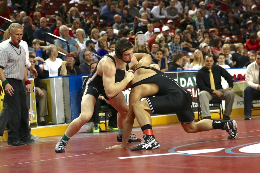 PV's Mikaio Schwalger (right) and DH's Cody Stevenson, 3A State Wrestling Championships, West Valley, Utah, Feb. 15, 2014 | Photo by Shane Marshall, for St. George News