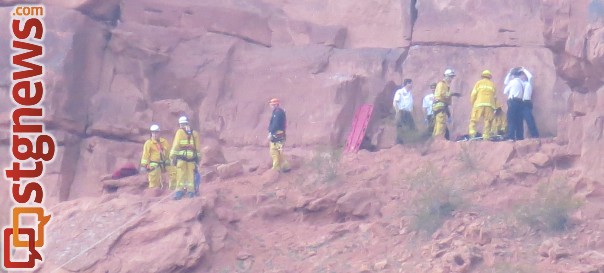 St. George Fire, Life Flight, and other emergency personnel respond to injured climber at Bluff Street Cracks, St. George, Utah, Feb. 7, 2014 | Photo by Mori Kessler, St. George News