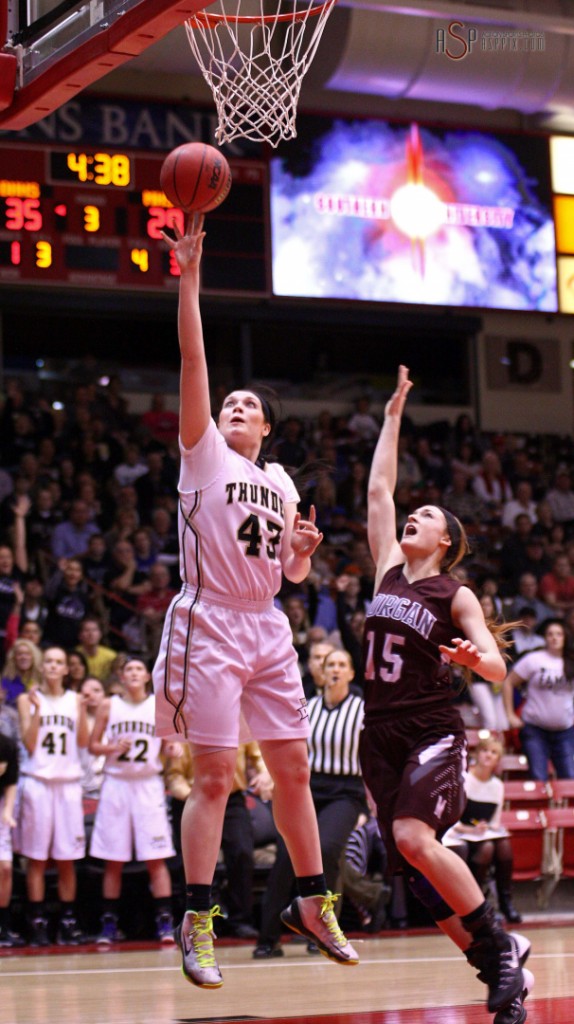 Haley Bodnar lays in a shot for the Thunder against Morgan during the 3A State Championships, Cedar  City, Utah, Mar. 1, 2014 | Photo by Robert  Hoppie, St. George News