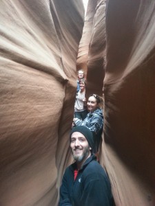 Front to back, Stephen Darveaux, Rebekah Kringle, Nicole Reynolds, Josh Kitchen, the slot canyon, Spooky gulch, Grand Staircase-Escalante National Monument, Utah Feb. 15, 2014 | Photo by Drew Allred, St. George News