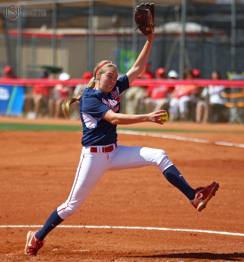 Dixie State pitcher Michelle Duncan launches into her delivery, NCAA D-II West Region action, Dixie State vs. UC San Diego, St. George, Utah, May 10, 2014 | Photo by Robert Hoppie, St. George News