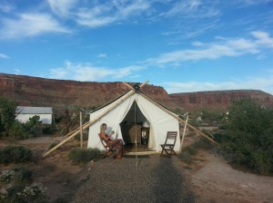 Tami Thomas enjoys the view from the front of the less expensive, ground level, "safari" tent at Moab's "glamping" resort, Moab Under Canvas, Moab, Utah, Sept. 16, 2014 | Photo by Drew Allred, St. George News