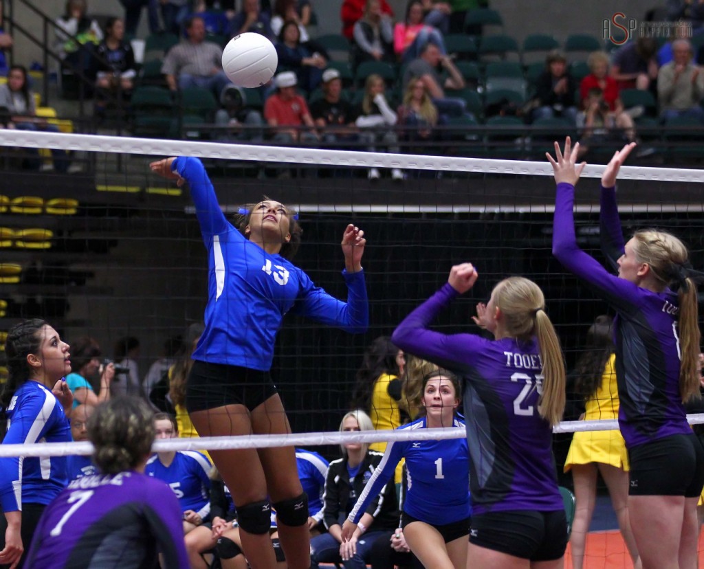 Dixie's DeAubrey Bowers spikes, 2014 3A State Volleyball Tournament, Orem, Utah, Oct. 29, 2014 | Photo by Robert Hoppie, ASPpix.com, St. George News