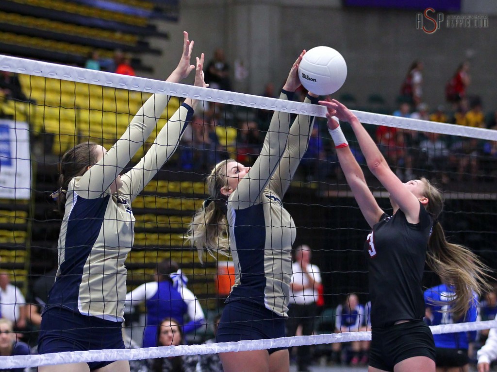 Snow Canyon's Jordan Gines (right) and Maggie Root (left) team up for a block, 2014 3A State Volleyball Tournament, Orem, Utah, Oct. 29, 2014 | Photo by Robert Hoppie, ASPpix.com, St. George News