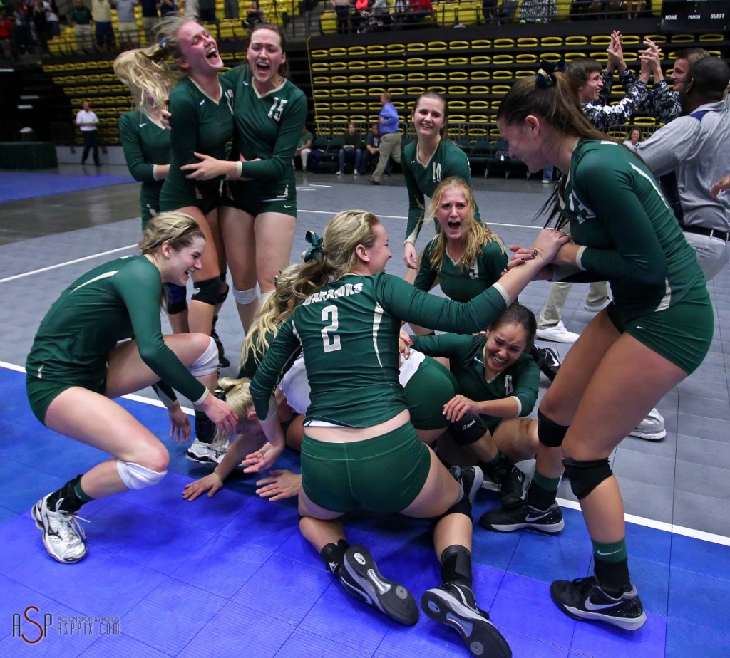 The Snow Canyon Warriors celebrate their state championship, 2014 3A State Volleyball Tournament, Orem, Utah, Oct. 30, 2014 | Photo by Robert Hoppie, ASPpix.com, St. George News