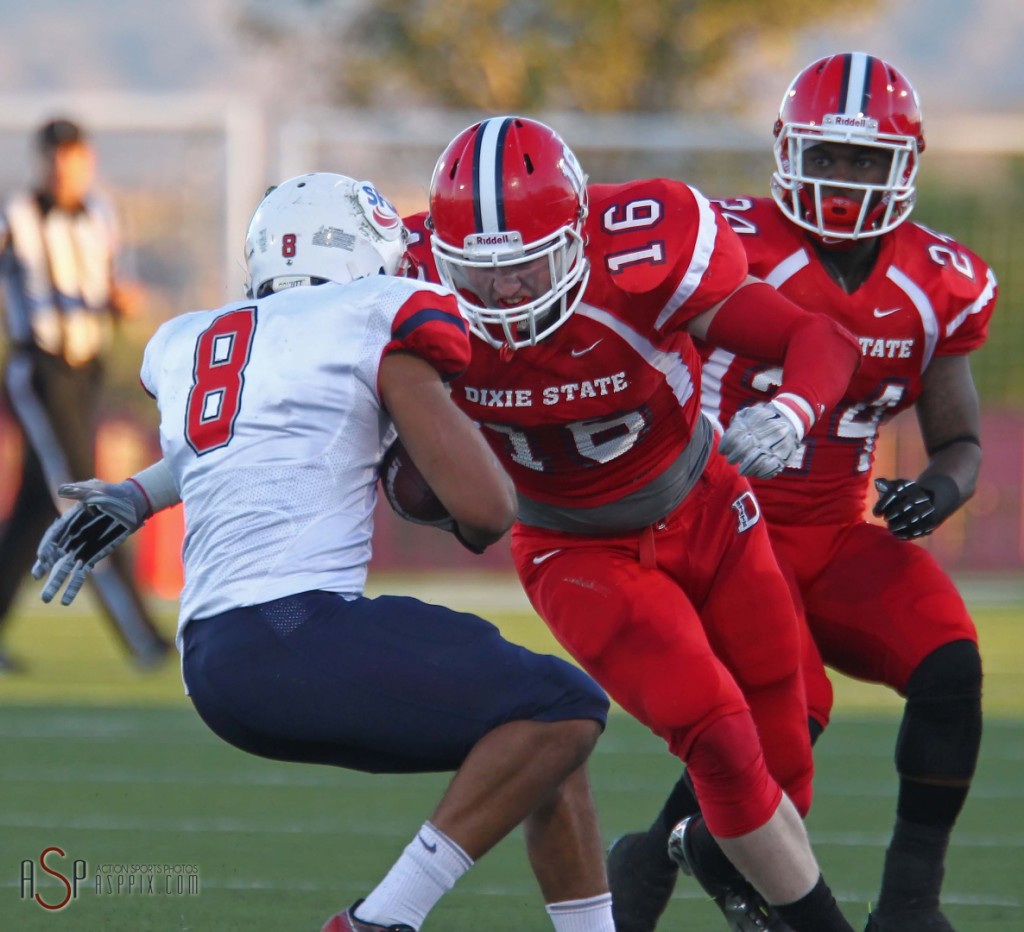 Dixie State linebacker Robert Metz (16) will also pareticipate in the SUU Pro Day at DHHS, file photo from Dixie State vs. Simon Fraser, St. George, Utah, Oct. 4, 2014 | Photo by Robert Hoppie, ASPpix.com, St. George News