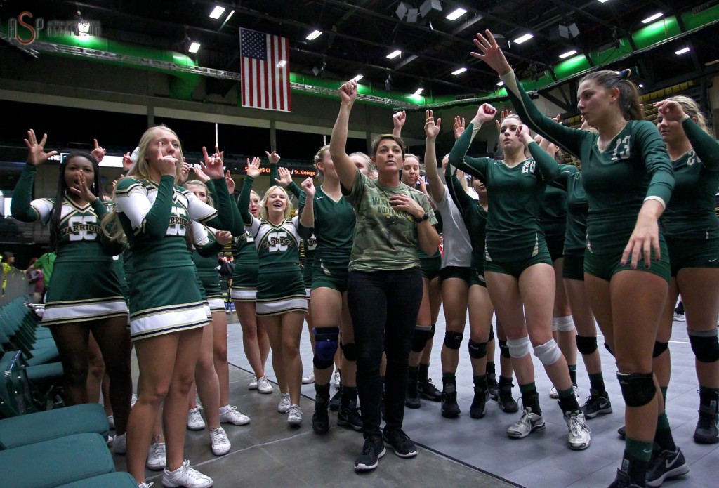 Snow Canyon celebrates their semifinal victory over Dixie, 2014 3A State Volleyball Tournament, Orem, Utah, Oct. 30, 2014 | Photo by Robert Hoppie, ASPpix.com, St. George News