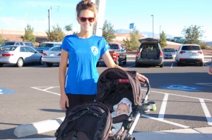 Brittney Callister and her little munchkin await the start of the "Breast Run Ever" 5K run and walk, St. George, Utah, Oct. 11, 2014 | Photo by Hollie Reina, St. George News