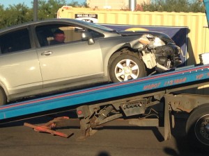 A Nissan Versa was among two vehicles struck as a result of drivers failing to yield, St. George, Utah, Oct. 2, 2014 | Photo by Holly Coombs, St. George News