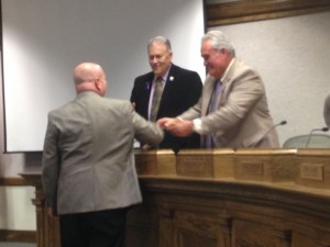 Cedar City Councilmen Don Marchant and John Black shake Danny Stewart's hand after he was announced as Cedar City's new economic development director, Cedar City, Utah, Oct, 8, 2014 | Photo by Holly Coombs, St. George News