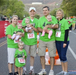 Mayor Jon Pike and wife, Kristy take a picture with triplets and parents who participated in Mayor's Walk, St. George, Utah, October 4, 2014 | Photo by Samantha Tommer, St. George News