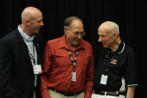 Kyle Case (left), CEO of the Senior Games, and John Morgan (right), founder of the Senior Games, offer their congratulations to David Altop (center), of Salt Lake City, for 15 years of participation in the Senior Games at the Dixie Center on Oct. 5, 2014 | Photo by Devan Chavez, St. George News  